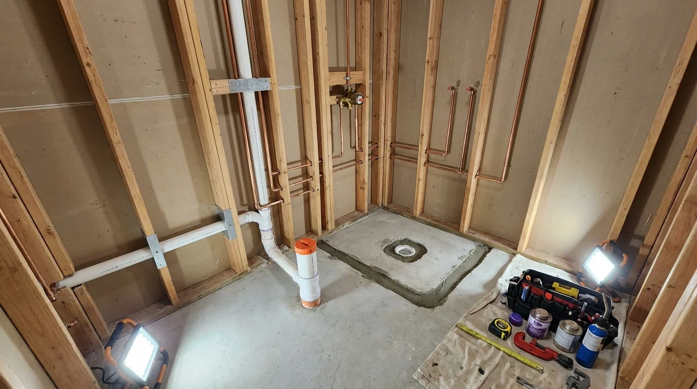 Bathroom rough-in plumbing during remodel by Johns Plumbing LLC in Pine Valley