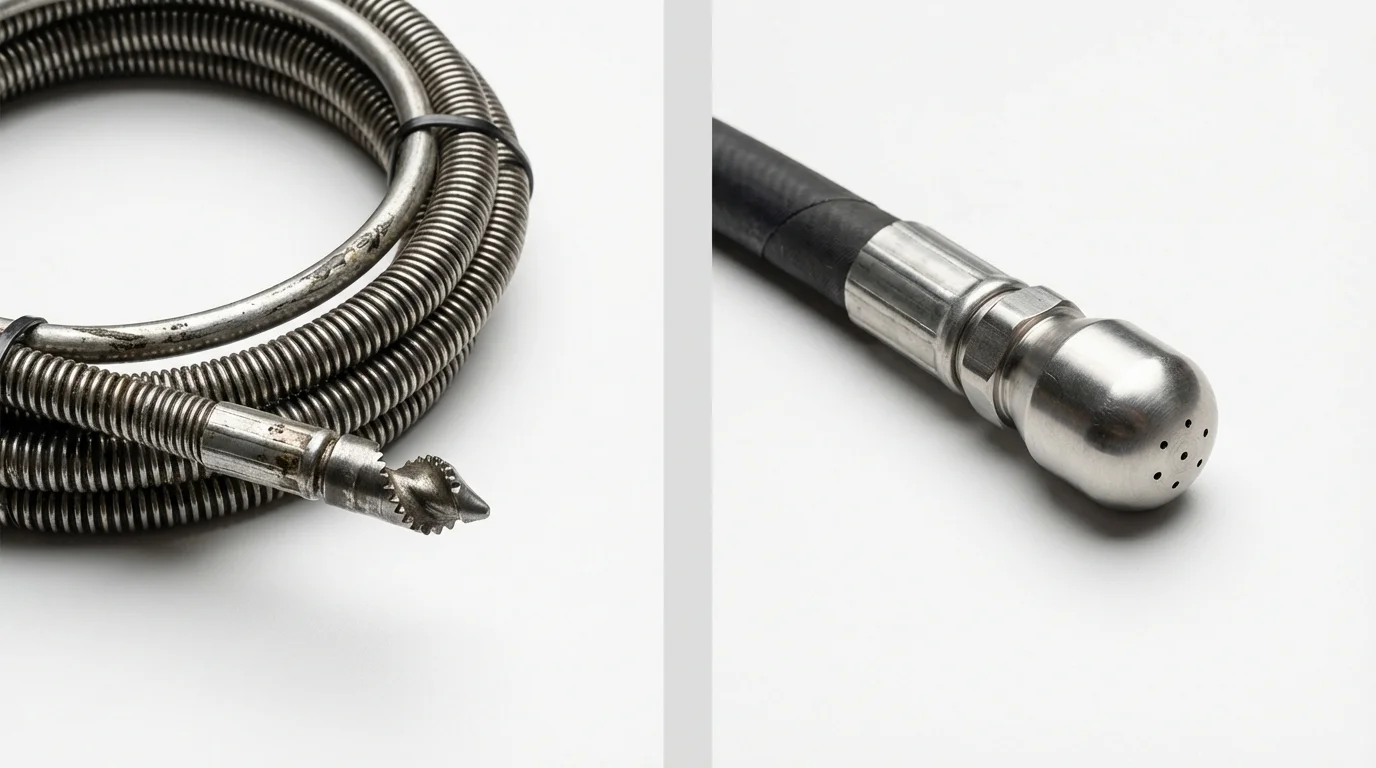 Drain snake cable and hydro jetting nozzle used for drain cleaning in Pine Valley, CA