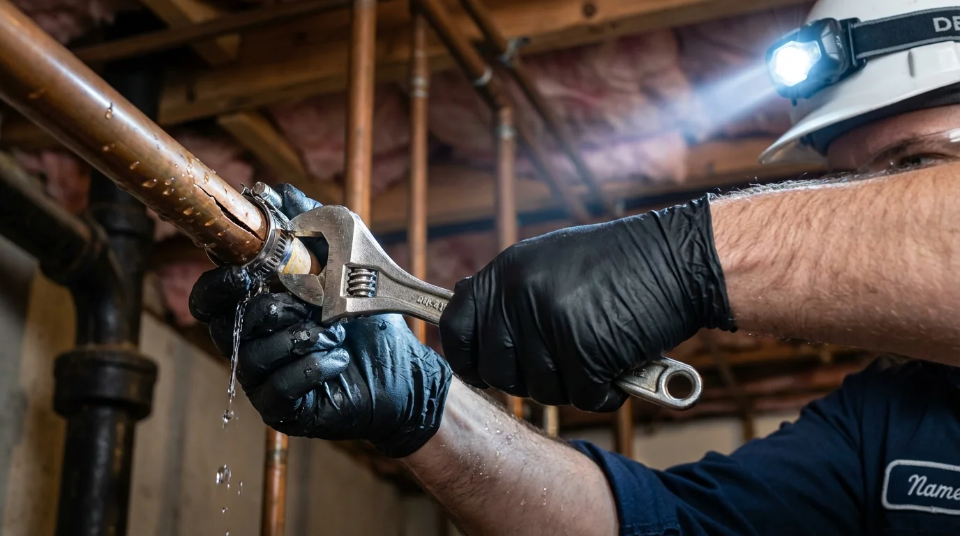 Emergency pipe clamp repair being performed by a Johns Plumbing LLC plumber in Pine Valley