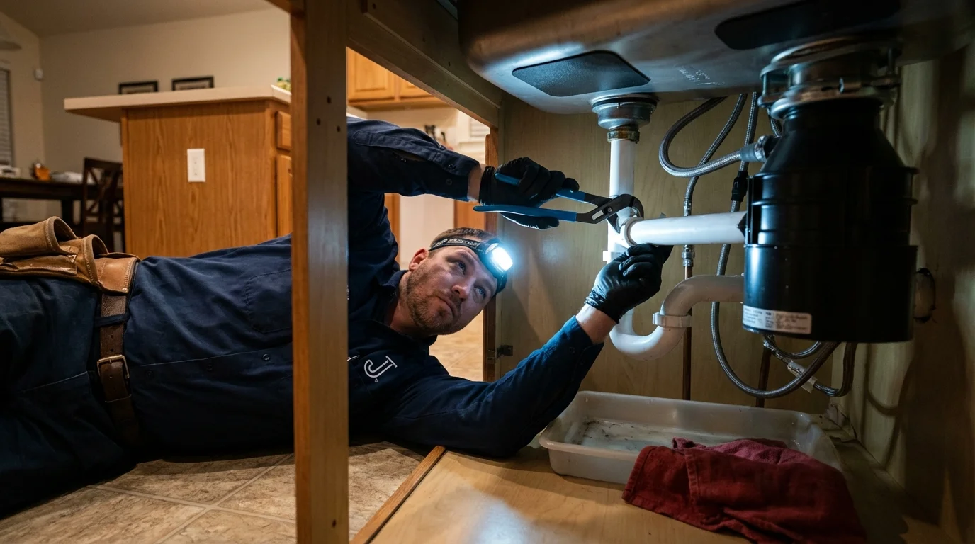 P-trap and supply line connections under a kitchen sink showing a common leak point in Pine Valley, CA